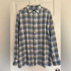 True Measure 100% linen blue yellow long sleeve button down shirt men’s L